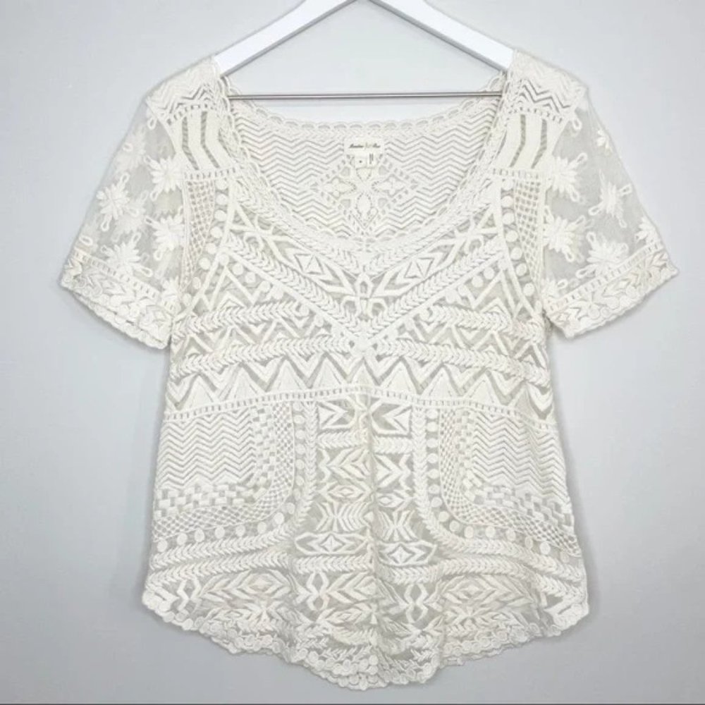 Anthropologie Meadow Rue Embroidered Mesh Lace Top Size Medium
